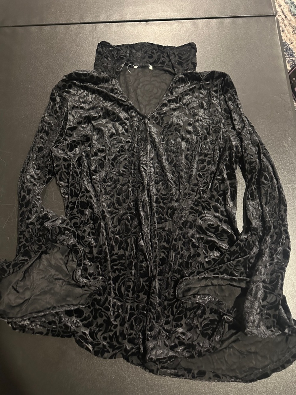 Black Burnout Velvet Button-Front Blouse